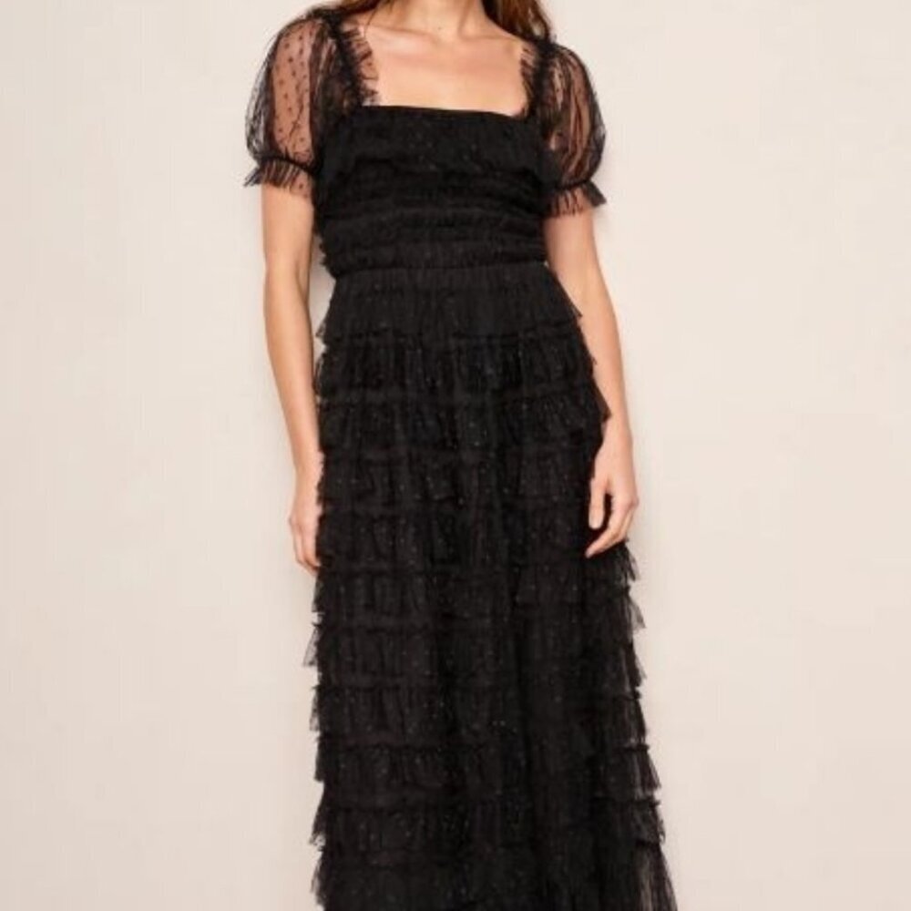 DRA Santa Ynez Ruffled Swiss Dot Tulle Maxi Dress Black Small NWT